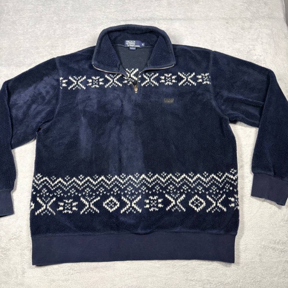 Polo Ralph Lauren Fleece Mens XL Navy Nordic Fair Isle Quarter Zip Made in USA